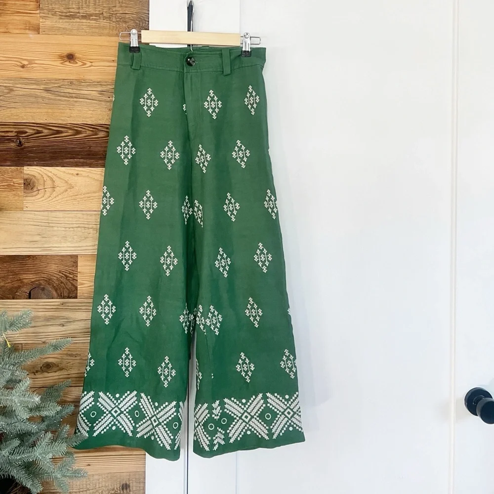Zara Green Linen Embroidered Cropped High Waist Pants